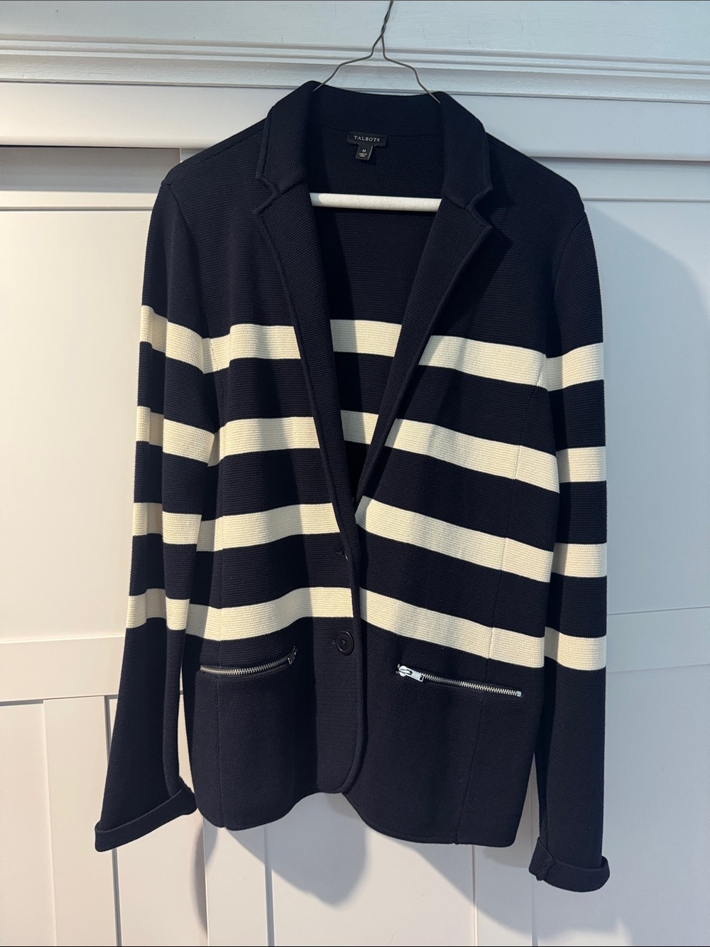 Talbots Navy and Cream Striped Knit Blazer EUC